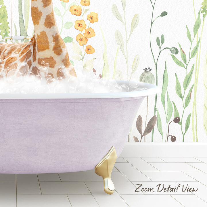 A giraffe is taking a bath in a pink bathtub, surrounded by a floral wallpaper.