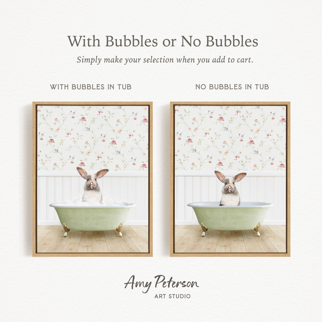 The image is a collage of two pictures, each featuring a rabbit sitting in a bathtub. The rabbit is sitting in a tub with bubbles, while the other tub is empty. The text above the images reads "With Bubbles or No Bubbles Simply make your selection when you add to cart."