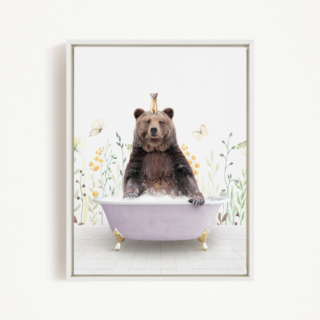 A brown bear sitting in a purple bathtub, surrounded by flowers and butterflies.