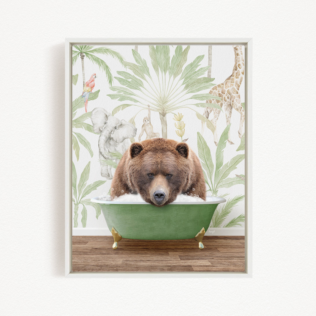A brown bear is sitting in a green bathtub, surrounded by a tropical wallpaper with various animals such as a giraffe, elephant, and parrot.