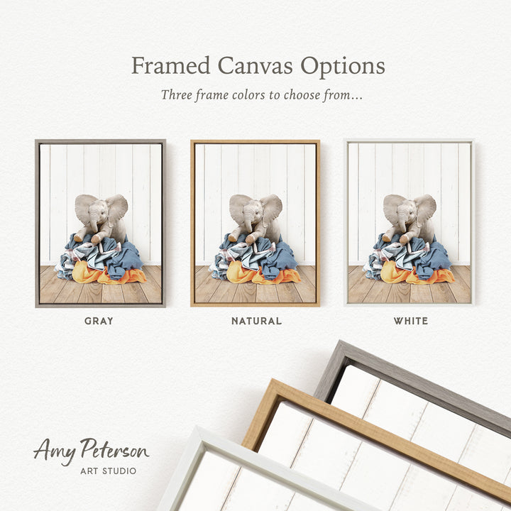 three framed canvas options, each featuring a different color: gray, natural, and white. The text above the images reads " framed Canvas Options" and "Three frame colors to choose from...". The text below the images reads "Grays", "NATURAL", and "WHITE". The artist's name, " Amy Peterson ART STUDIO", is also present.