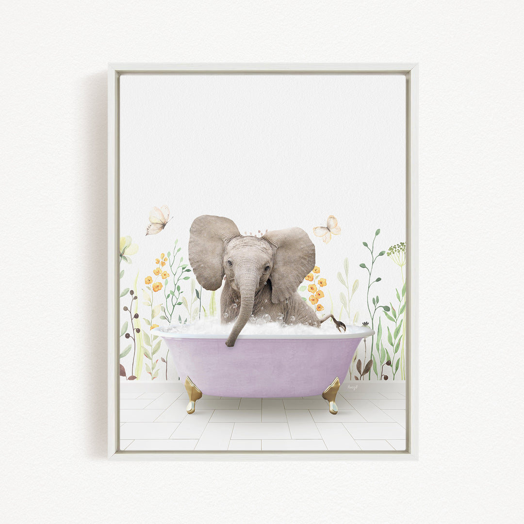 A gray elephant is sitting in a purple bathtub filled with bubbles, surrounded by flowers and butterflies.
