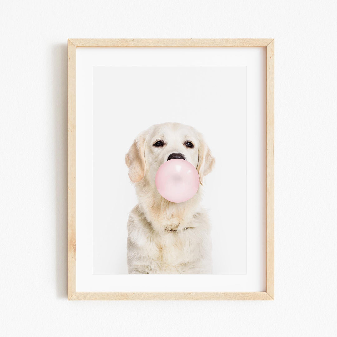a white dog with a pink bubble in its mouth