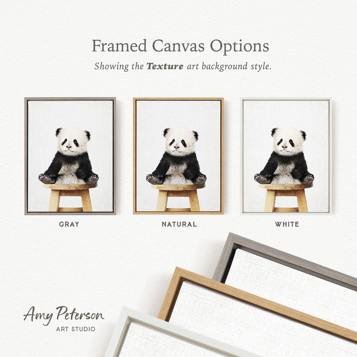 three framed canvas options, each featuring a panda bear sitting on a wooden stool. The options are labeled as "Grays", "Natural", and "White", indicating the color of the frame.