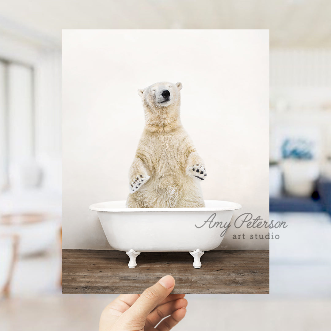 a polar bear sitting in a bath tub