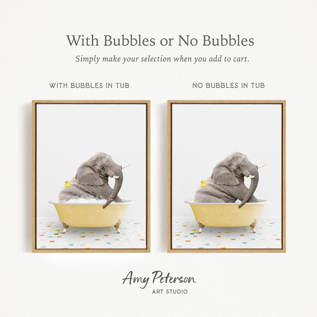 The image is a collage of two pictures, each featuring a gray elephant sitting in a yellow bathtub. The elephant is holding a yellow rubber duck in its trunk. The text above the images reads "With Bubbles or No Bubbles" and below the images, it says "Simply make your selection when you add to cart."