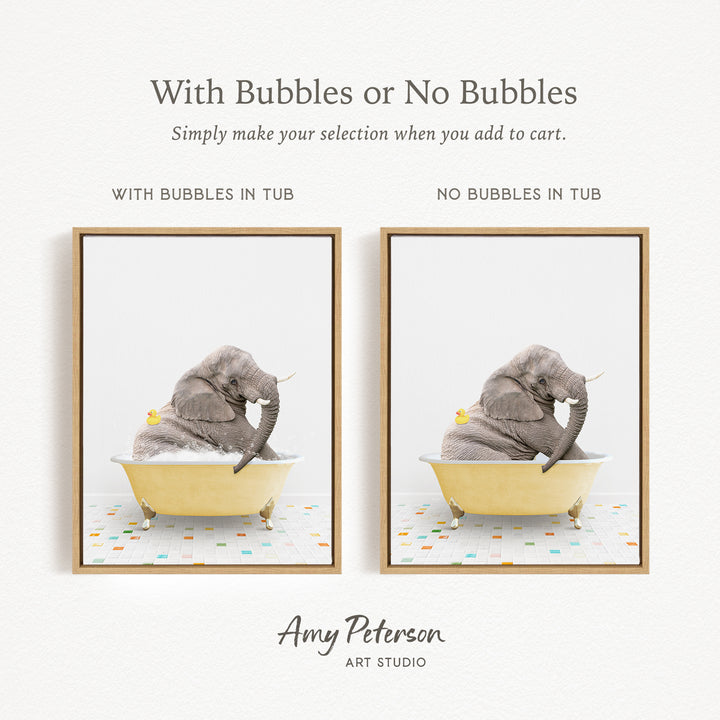 The image is a collage of two pictures, each featuring a gray elephant sitting in a yellow bathtub. The elephant is holding a yellow rubber duck in its trunk. The text above the images reads "With Bubbles or No Bubbles" and below the images, it says "Simply make your selection when you add to cart."