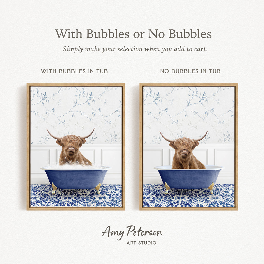 The image is a collage of two framed pictures depicting a Highland cow sitting in a blue tub. The cow has long horns and is surrounded by bubbles, creating a playful and whimsical scene.