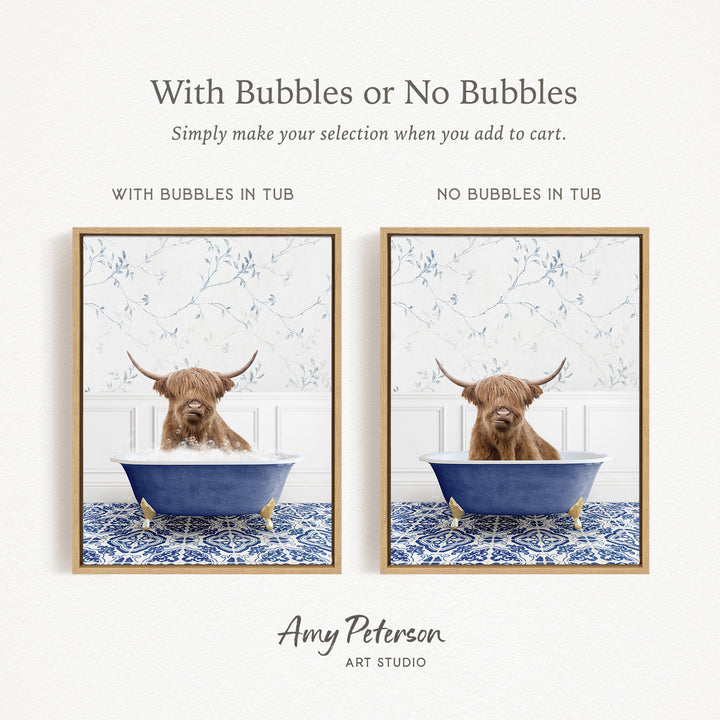 The image is a collage of two framed pictures depicting a Highland cow sitting in a blue tub. The cow has long horns and is surrounded by bubbles, creating a playful and whimsical scene.