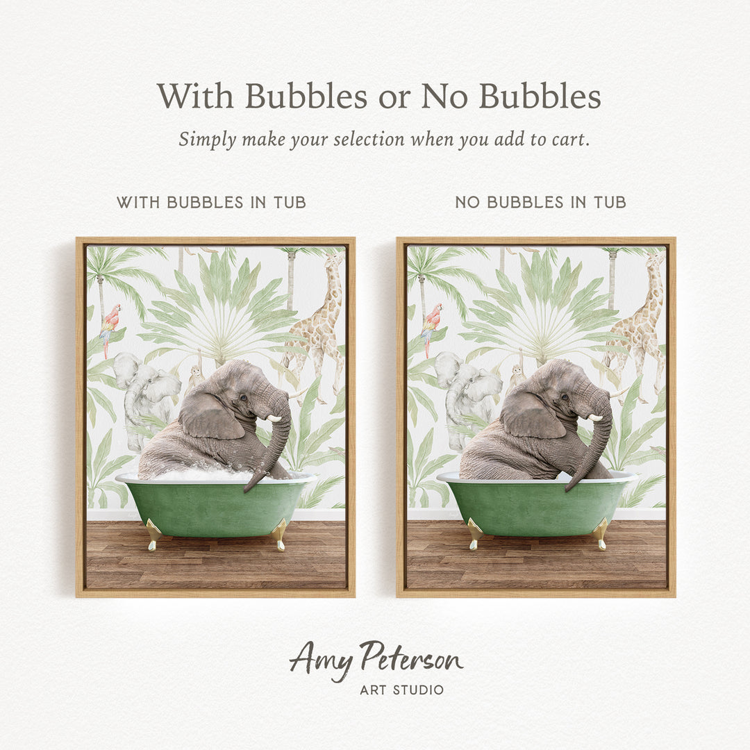 The image is a collage of two pictures, each featuring an elephant sitting in a green bathtub. The text above the images reads "With Bubbles or No Bubbles" and below the images, it says "Simply make your selection when you add to cart."