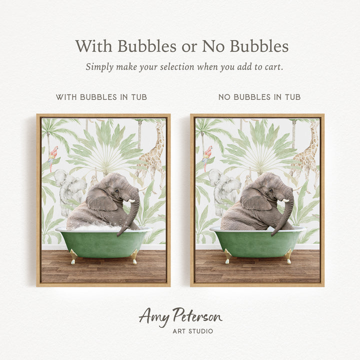 The image is a collage of two pictures, each featuring an elephant sitting in a green bathtub. The text above the images reads "With Bubbles or No Bubbles" and below the images, it says "Simply make your selection when you add to cart."