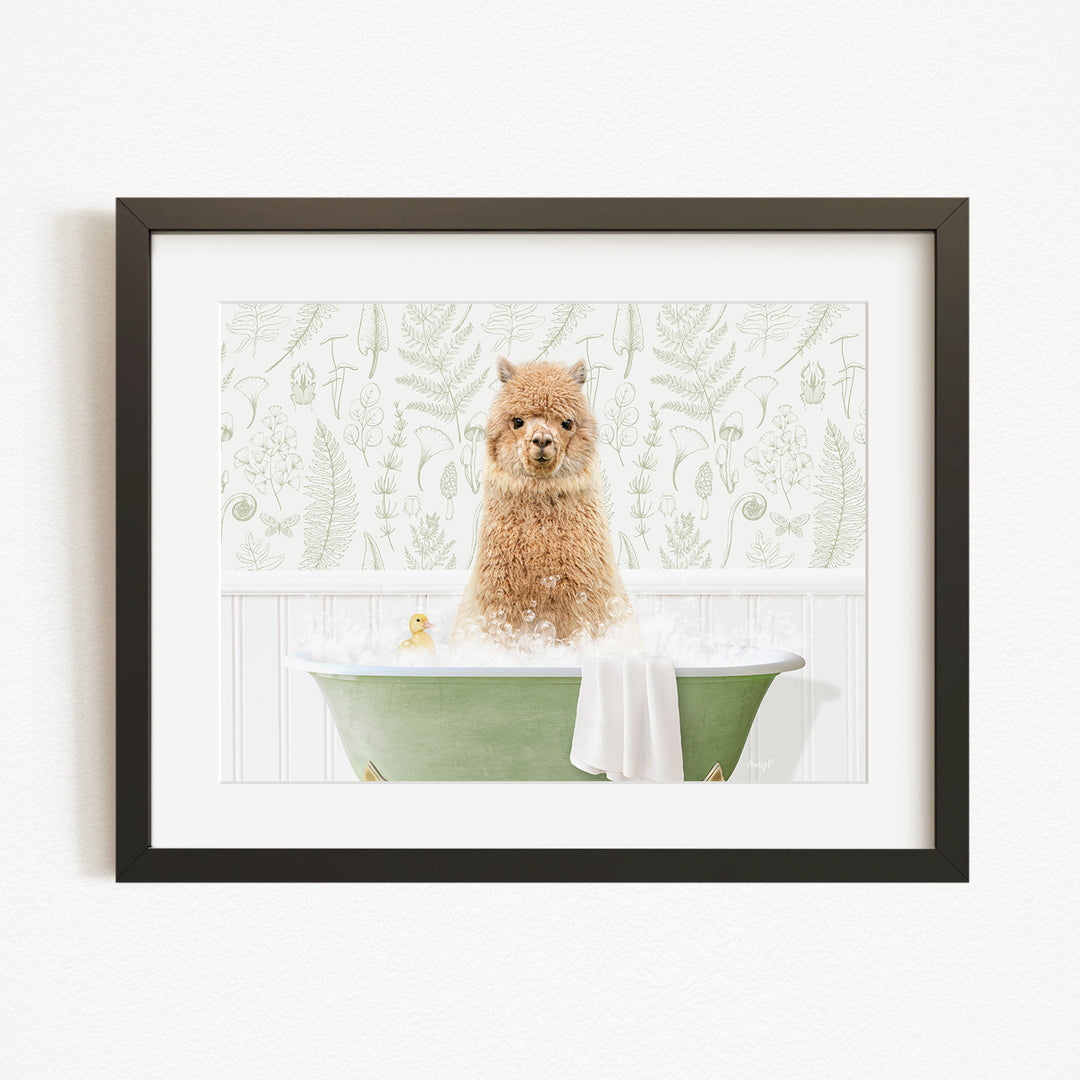 A fluffy brown dog is sitting in a green bathtub filled with bubbles, surrounded by a white wall with a green plant pattern.