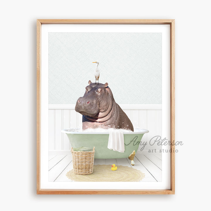 a hippo in a bathtub with a crown on its head