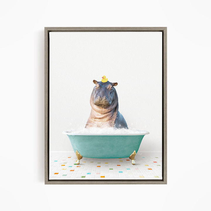 A hippopotamus sitting in a bathtub filled with bubbles, with a yellow rubber duck perched on its head.