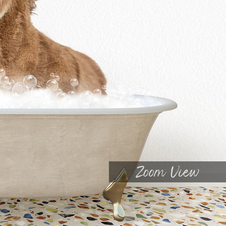 A dog is standing in a bathtub filled with bubbles, enjoying a relaxing bath.