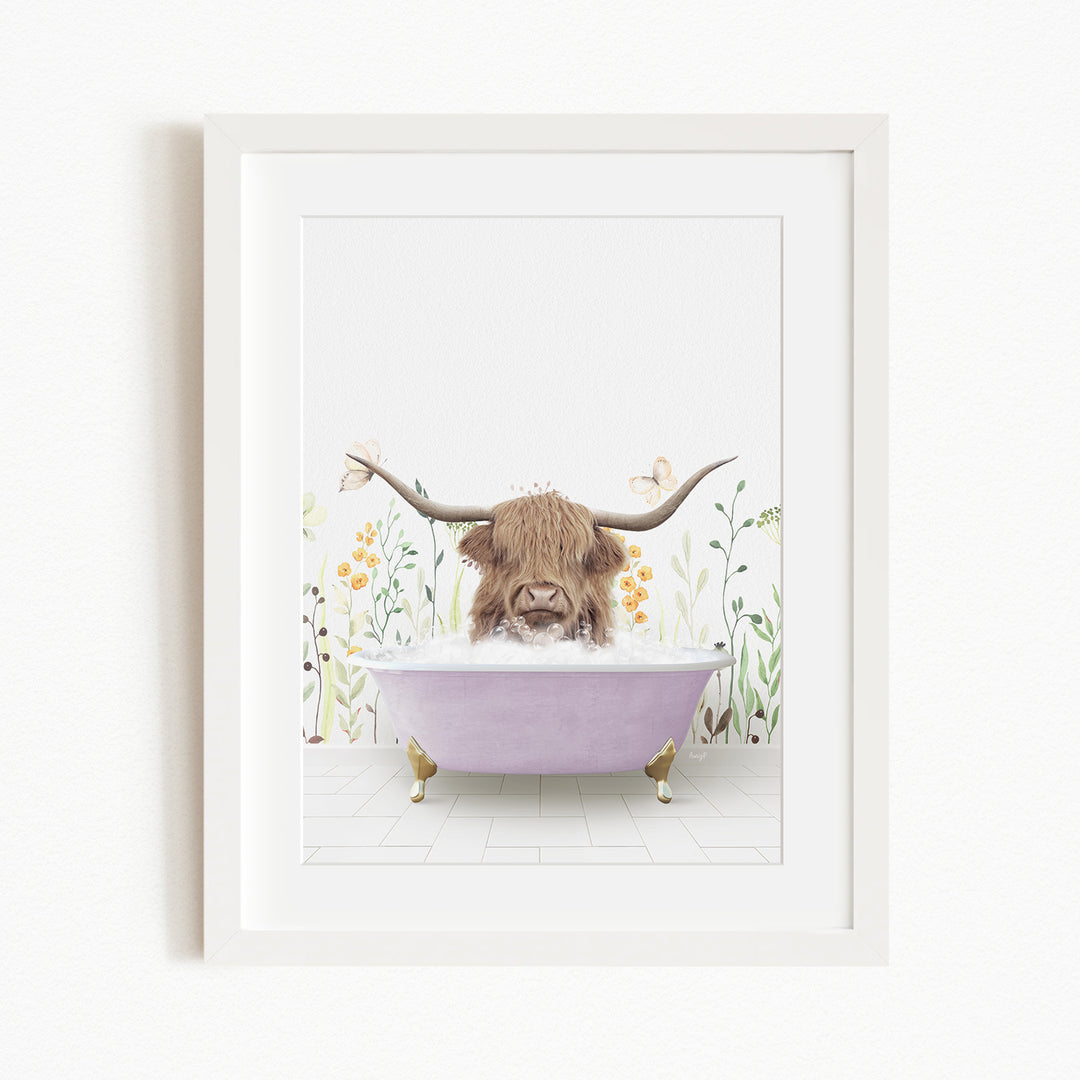 A brown cow with large horns is sitting in a purple bathtub, surrounded by flowers and plants.