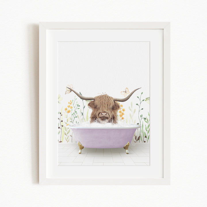 A brown cow with large horns is sitting in a purple bathtub, surrounded by flowers and plants.