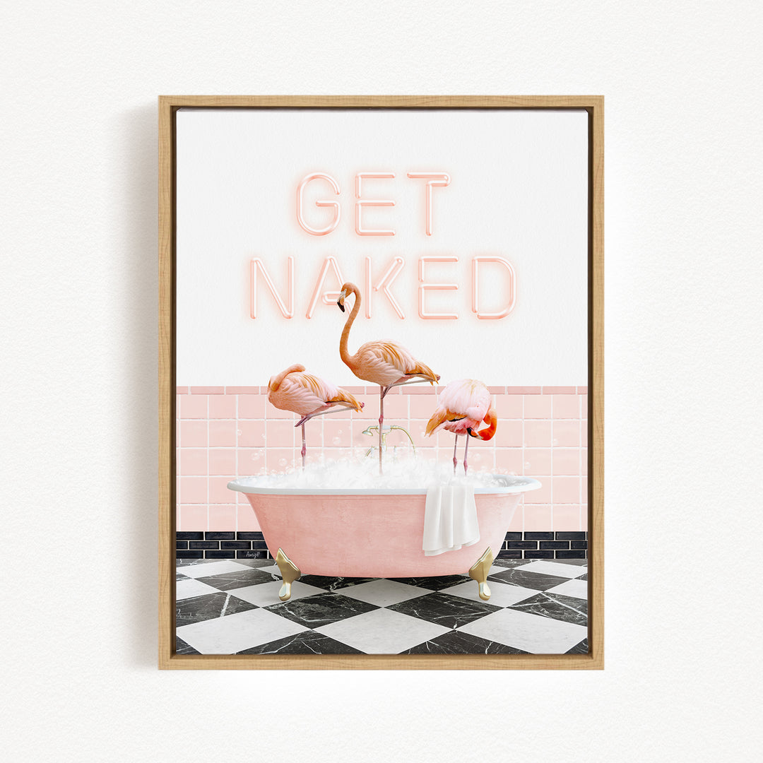 a pink bathtub filled with bubbles, surrounded by three flamingos. The text "GET NAKED" is displayed above the bathtub.
