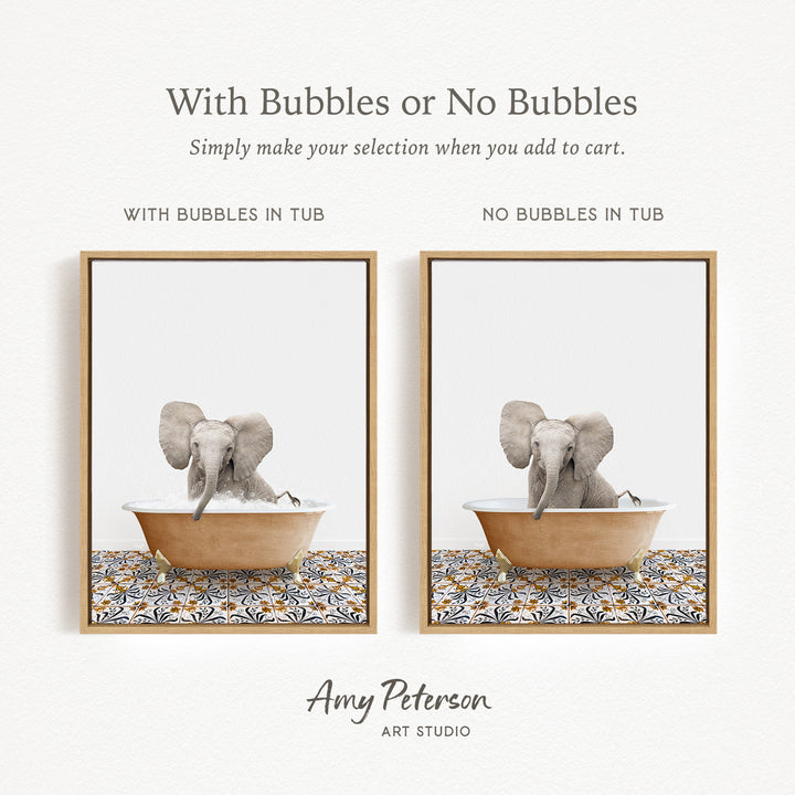 The image is a collage of two pictures, each featuring an elephant sitting in a tub. The text above the images reads "With Bubbles or No Bubbles" and below the images, it says "Simply make your selection when you add to cart."