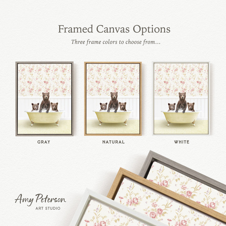 The image is a framed canvas option showcasing three different framed canvas options for a painting of three bears sitting in a bathtub.
