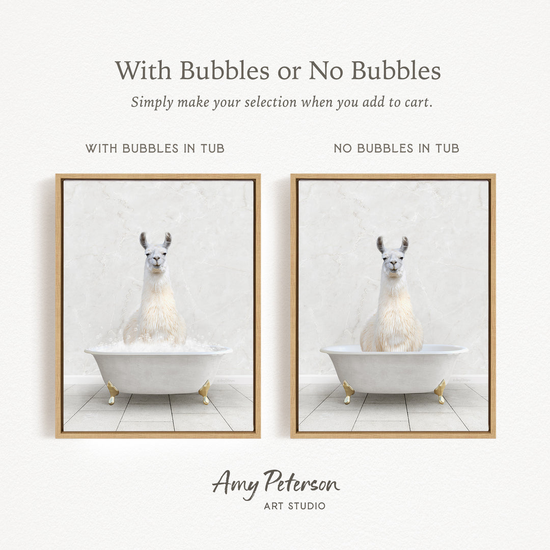 The image is a collage of two pictures featuring a white llama sitting in a white bathtub. The llama is surrounded by bubbles, creating a playful and whimsical scene. The text above the images reads "With Bubbles or No Bubbles" and below the images, it says "Simply make your selection when you add to cart."