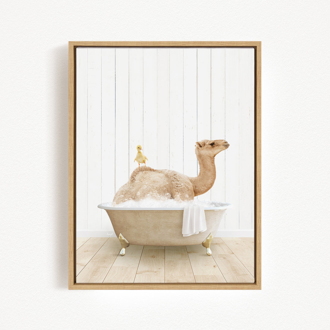 A camel is sitting in a bathtub filled with water, with a small yellow bird perched on its back.
