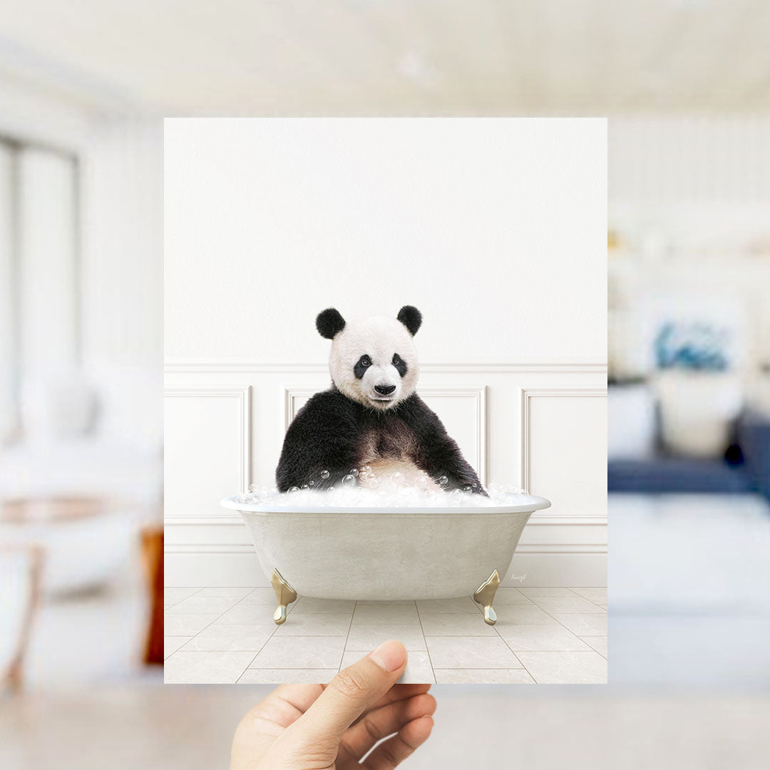 A panda bear sitting in a bathtub filled with bubbles, as if enjoying a relaxing bath.