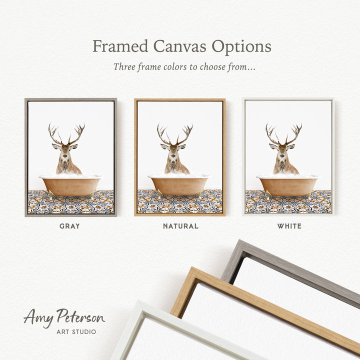 three framed canvas options featuring a deer in a bathtub, with each option having a different frame color: gray, natural, and white.