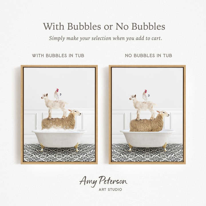 The image is a collage of two framed pictures, each depicting a sheep standing on a bathtub filled with bubbles. The text above the images reads "With Bubbles or No Bubbles Simply make your selection when you add to cart." The text below the images reads "WITH BUBBLES IN TUB" and "NO BUBBLES IN TUB," indicating the presence or absence of bubbles in each bathtub.