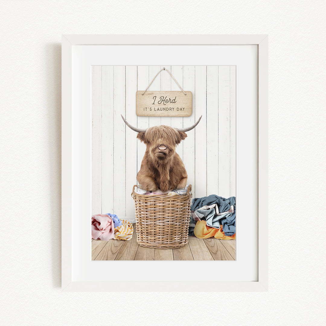 A framed image of a Highland cow sitting in a wicker basket, with a sign above it that says "It's laundry day".