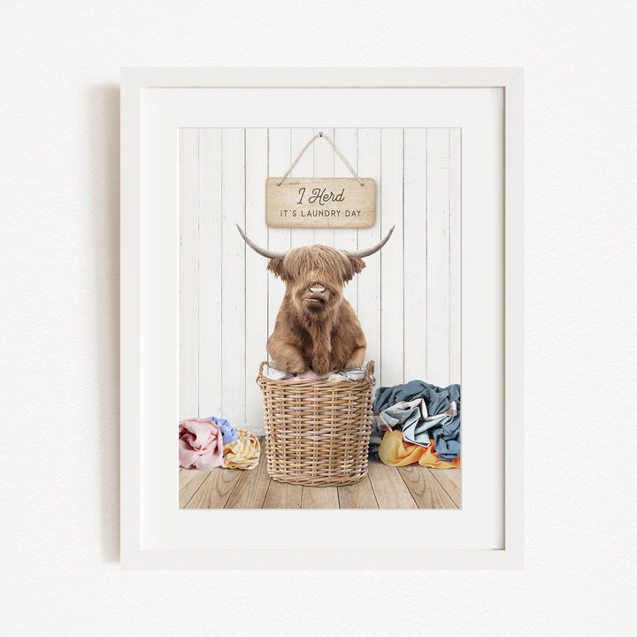 A framed image of a Highland cow sitting in a wicker basket, with a sign above it that says "It's laundry day".