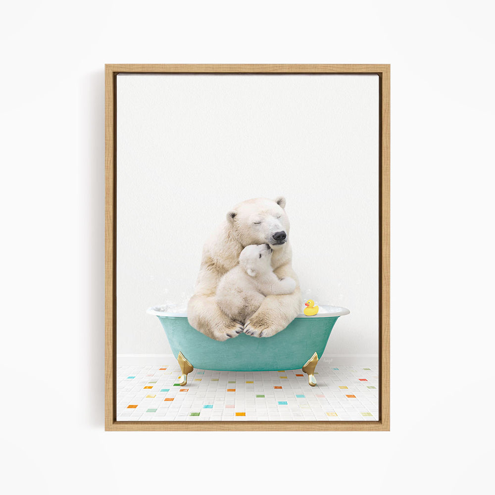 A polar bear and its cub are sitting in a bathtub filled with water and bubbles, surrounded by rubber ducks.
