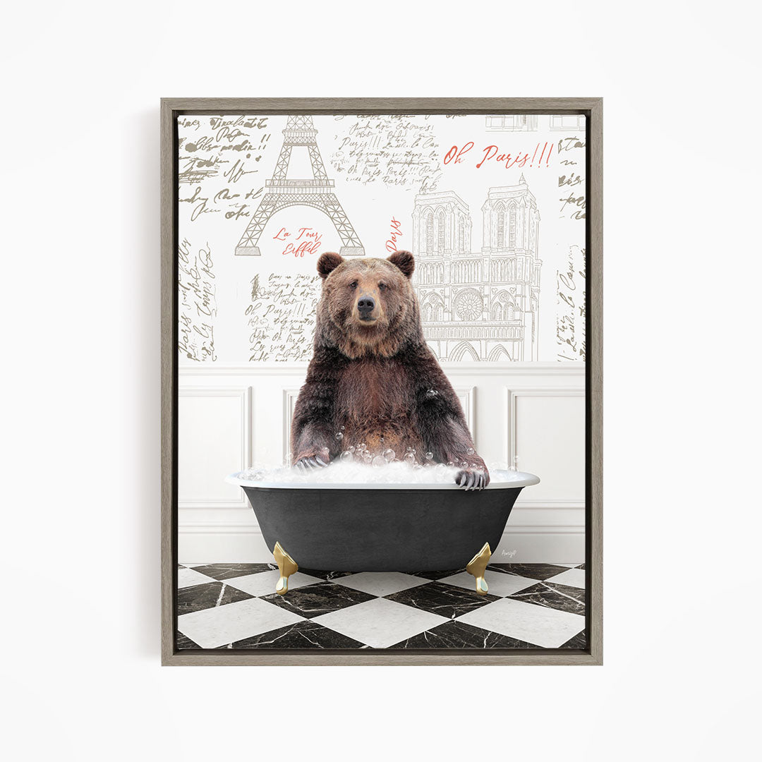 A brown bear sitting in a bathtub filled with water, surrounded by a checkered floor and a wall with the Eiffel Tower and other Parisian landmarks.