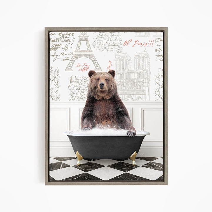 A brown bear sitting in a bathtub filled with water, surrounded by a checkered floor and a wall with the Eiffel Tower and other Parisian landmarks.