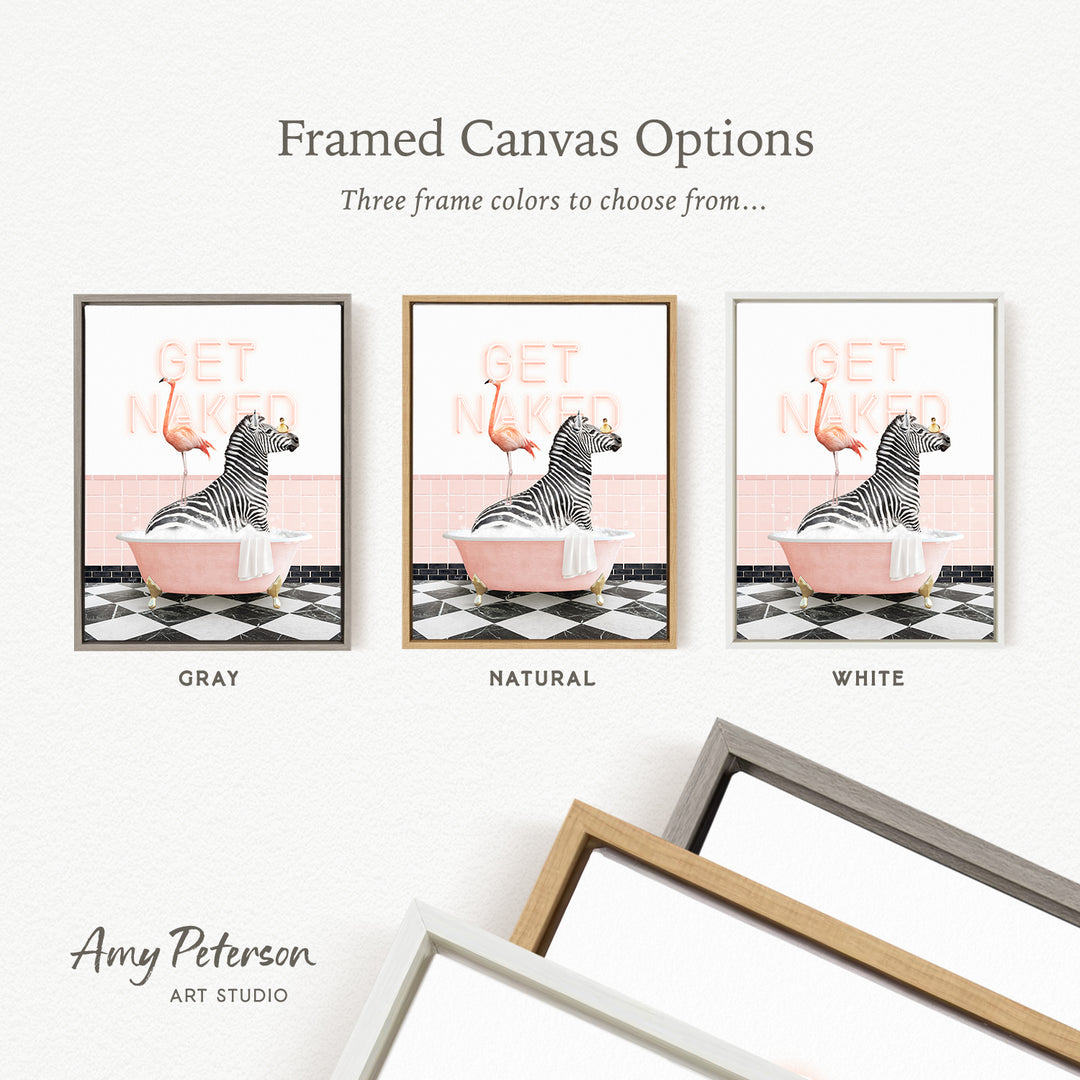 three framed canvas options featuring a zebra sitting in a pink bathtub, with a flamingo nearby. The options include a gray frame, a natural frame, and a white frame.