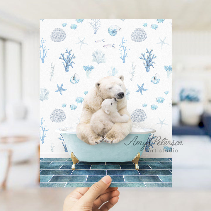 a person holding a polar bear in a bathtub