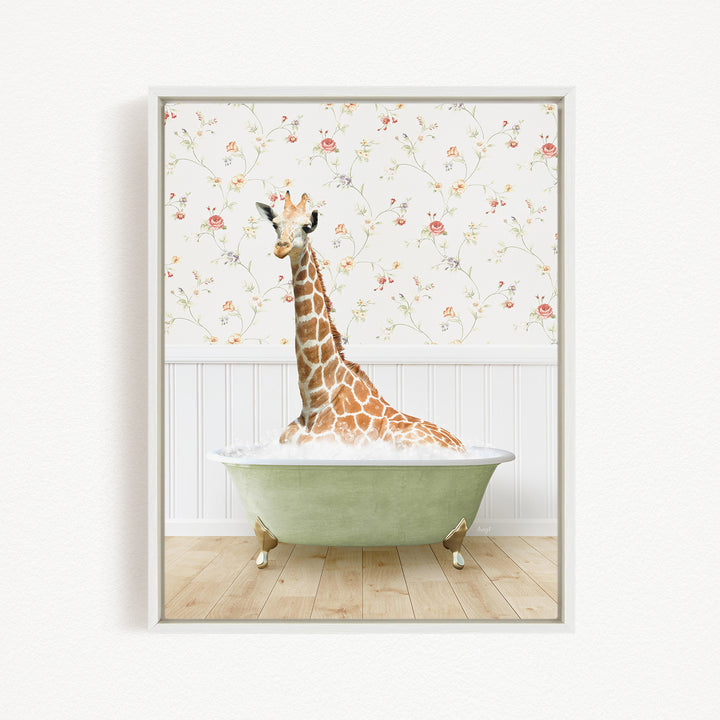 A giraffe sitting in a green bathtub, surrounded by a floral wallpaper.
