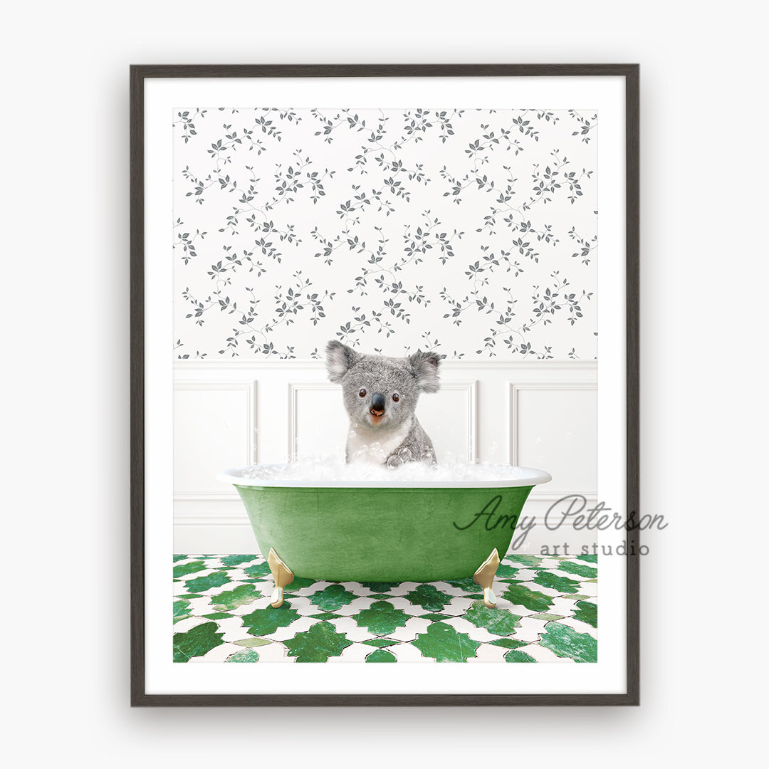 a picture of a koala in a green bathtub