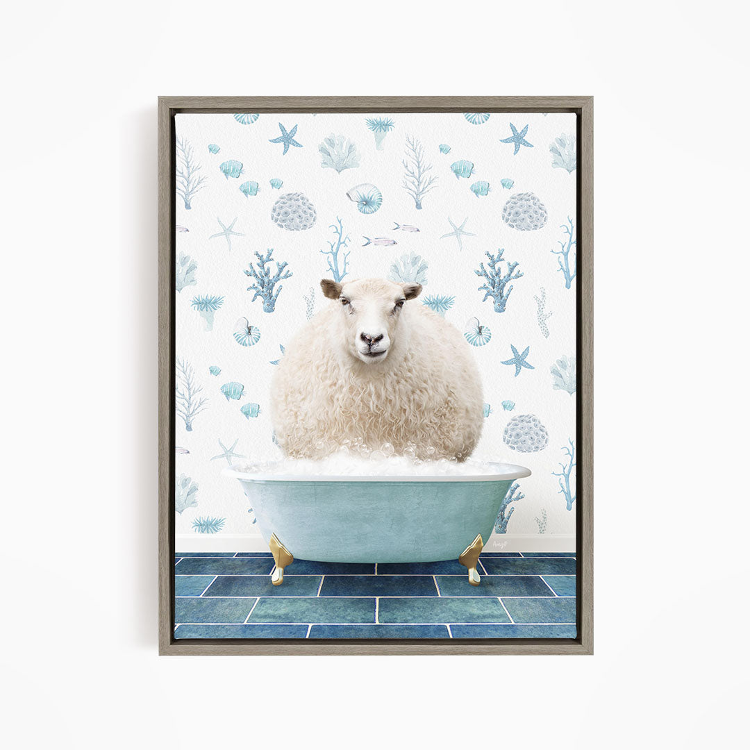 A fluffy white sheep sits in a blue bathtub, surrounded by a pattern of blue and white seashells and starfish.