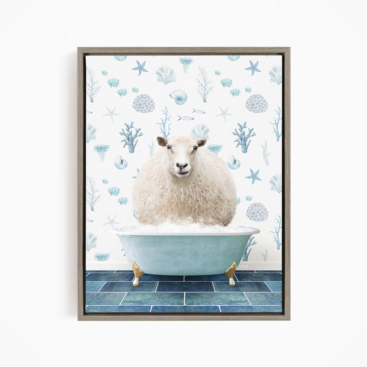 A fluffy white sheep sits in a blue bathtub, surrounded by a pattern of blue and white seashells and starfish.