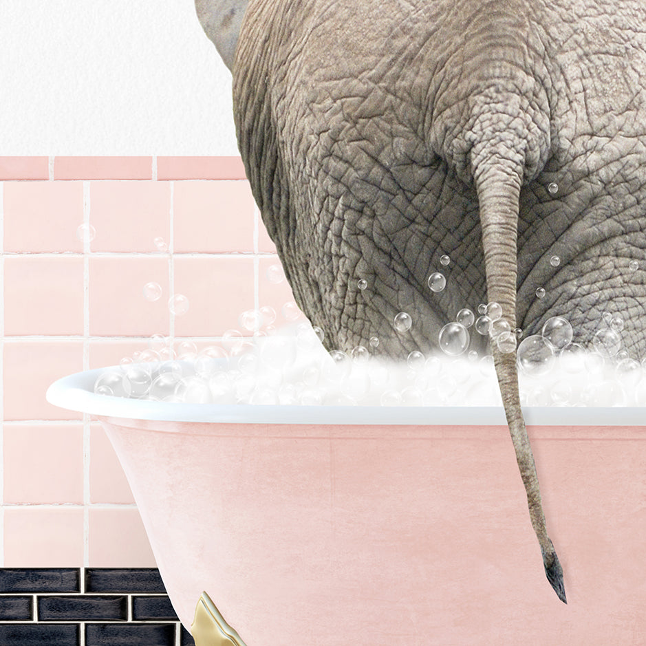 an elephant is taking a bath in a pink bathtub