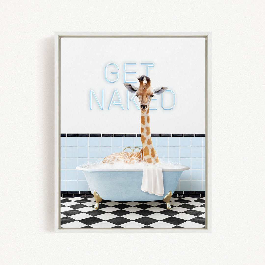 A giraffe sitting in a bathtub with a towel draped over its neck, against a backdrop of a checkered floor and a sign that says "GET NAKED".