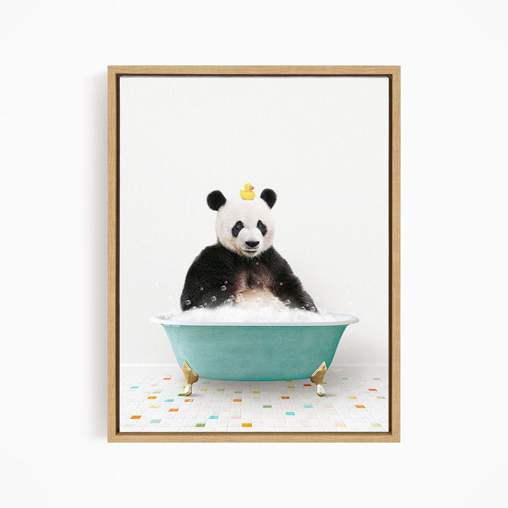 A panda bear sitting in a bathtub filled with bubbles, with a rubber duck floating on its head.