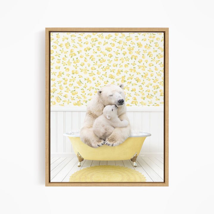 A polar bear cub sitting in a yellow bathtub, with a yellow floral wallpaper behind it.