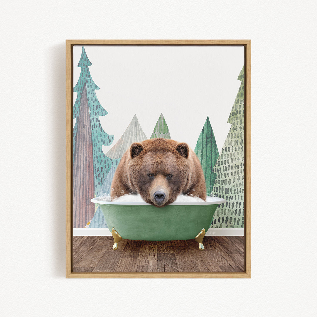 A brown bear is sitting in a green bathtub, surrounded by trees with green and brown foliage.