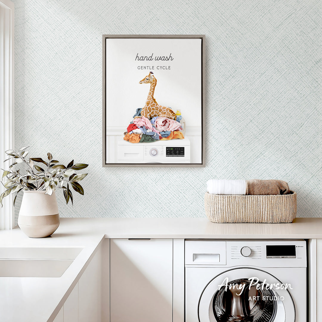 a hand-wash cycle, a giraffe, and a basket of towels, all set against a white and gray patterned wall.