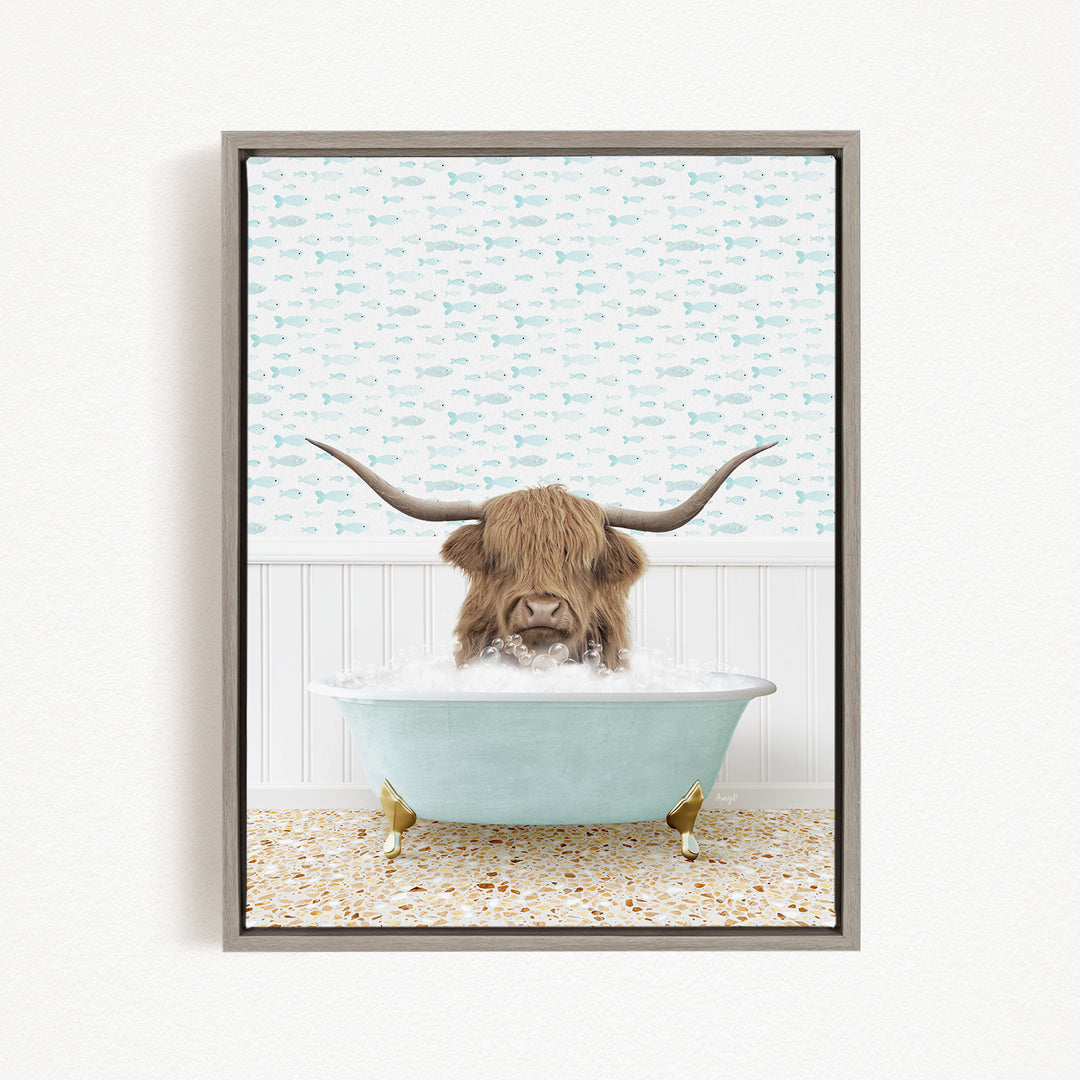 A brown cow with long horns is sitting in a light blue bathtub filled with water, surrounded by a pattern of small fish.