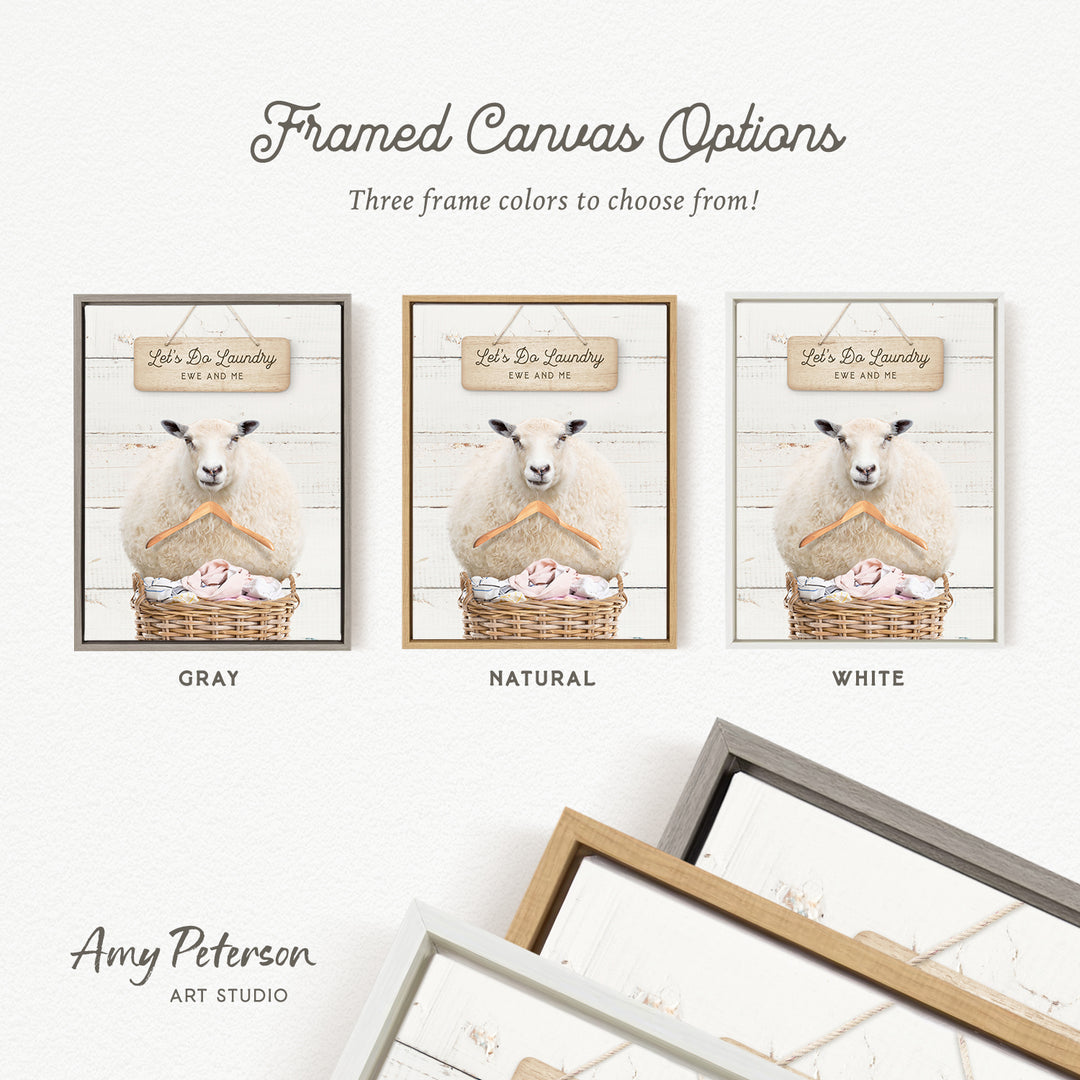 three framed canvas options featuring a sheep in a basket, with each option having a different frame color: gray, natural, and white.