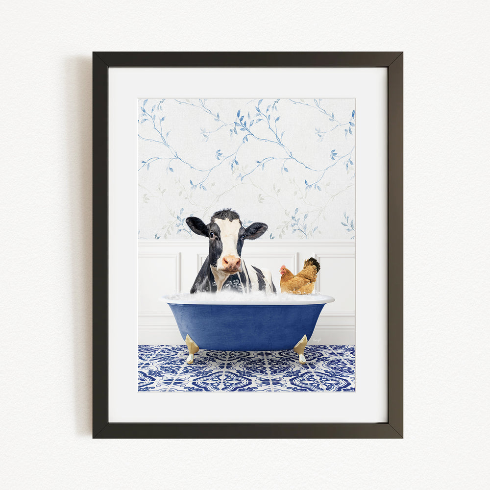 A black and white cow is sitting in a blue bathtub, surrounded by a chicken and a rooster, in a whimsical and playful scene.