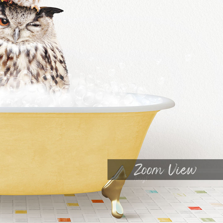A large owl sitting in a yellow bathtub filled with bubbles, with a text overlay that reads "Zoom View".